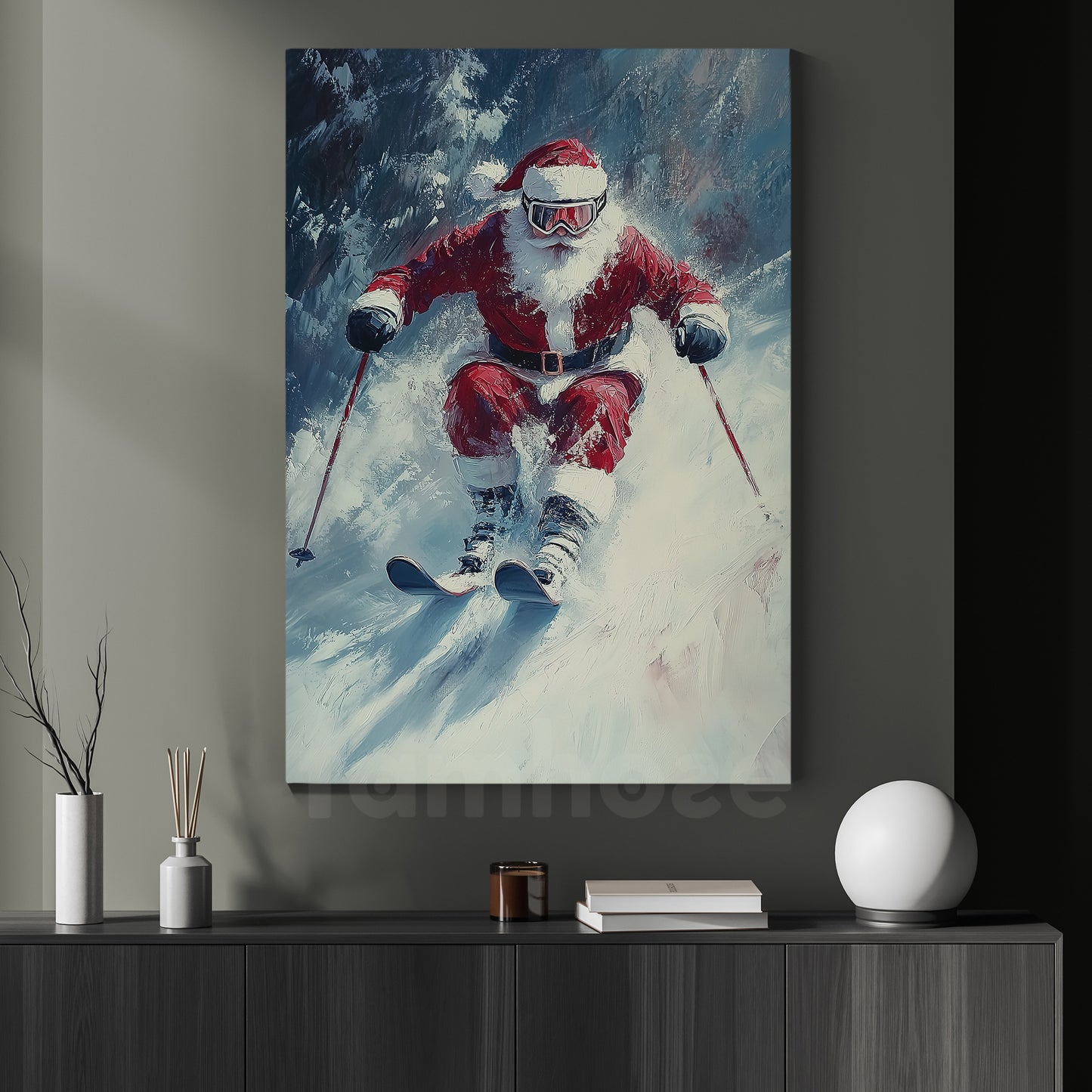 Funny Christmas Santa Claus Playing Skiing Canvas Painting, Sports Wall Art Decor, Xmas Poster Gift For Skiing Lovers
