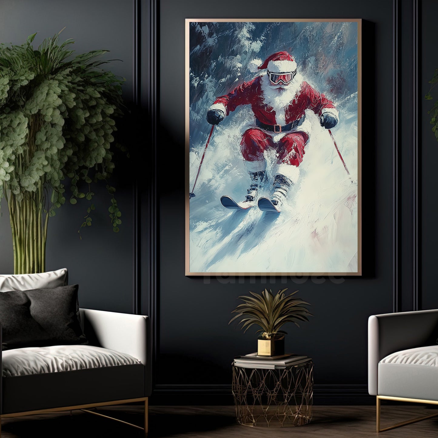 Funny Christmas Santa Claus Playing Skiing Canvas Painting, Sports Wall Art Decor, Xmas Poster Gift For Skiing Lovers