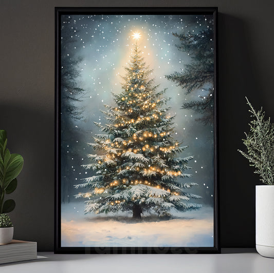 Vintage Christmas Canvas Painting, Glowing Christmas Pine Tree Winter Wall Art Decor, Xmas Poster Gift For Pine Tree Lovers