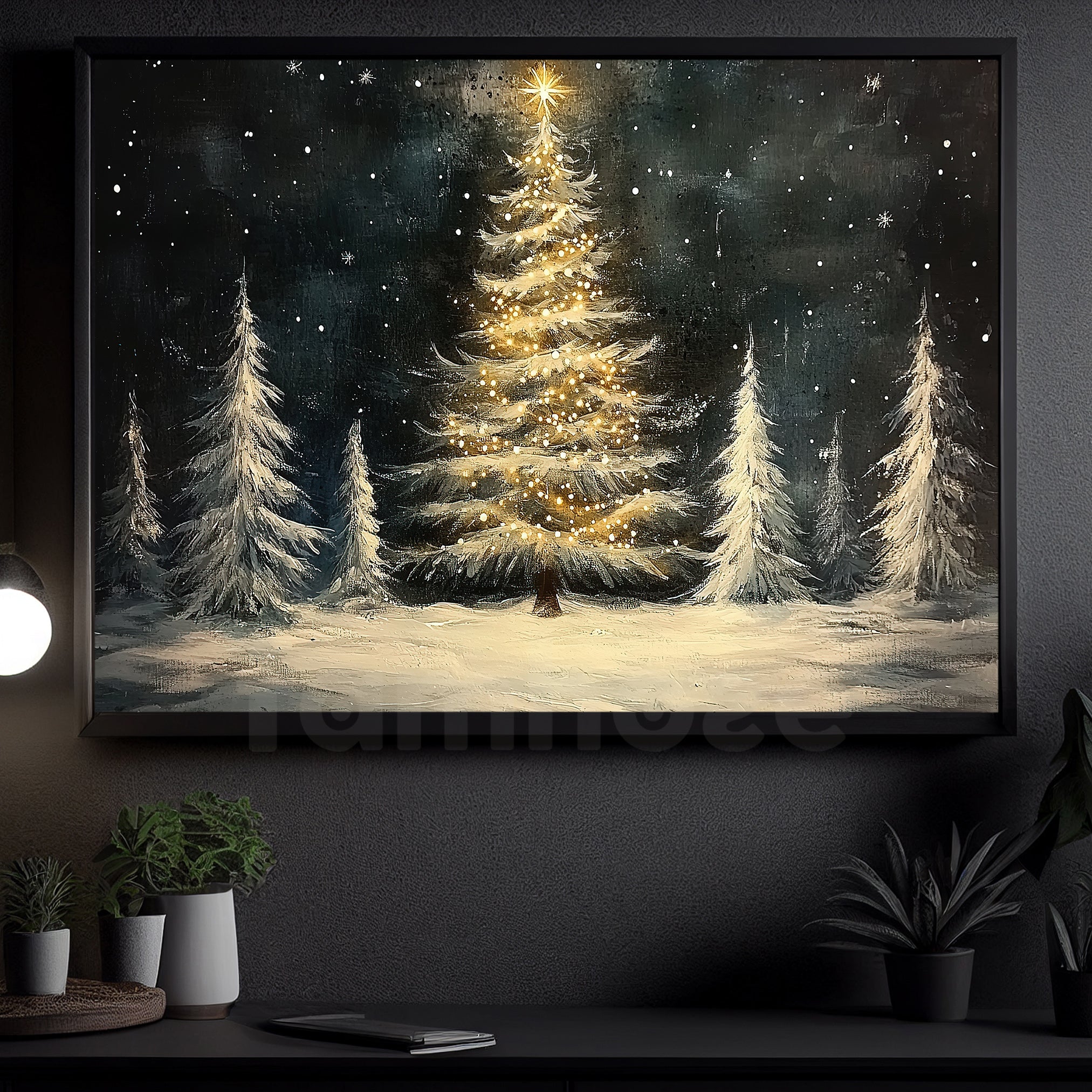 Vintage Christmas Tree Canvas Painting, The Shinning Pine Tree In Wint ...