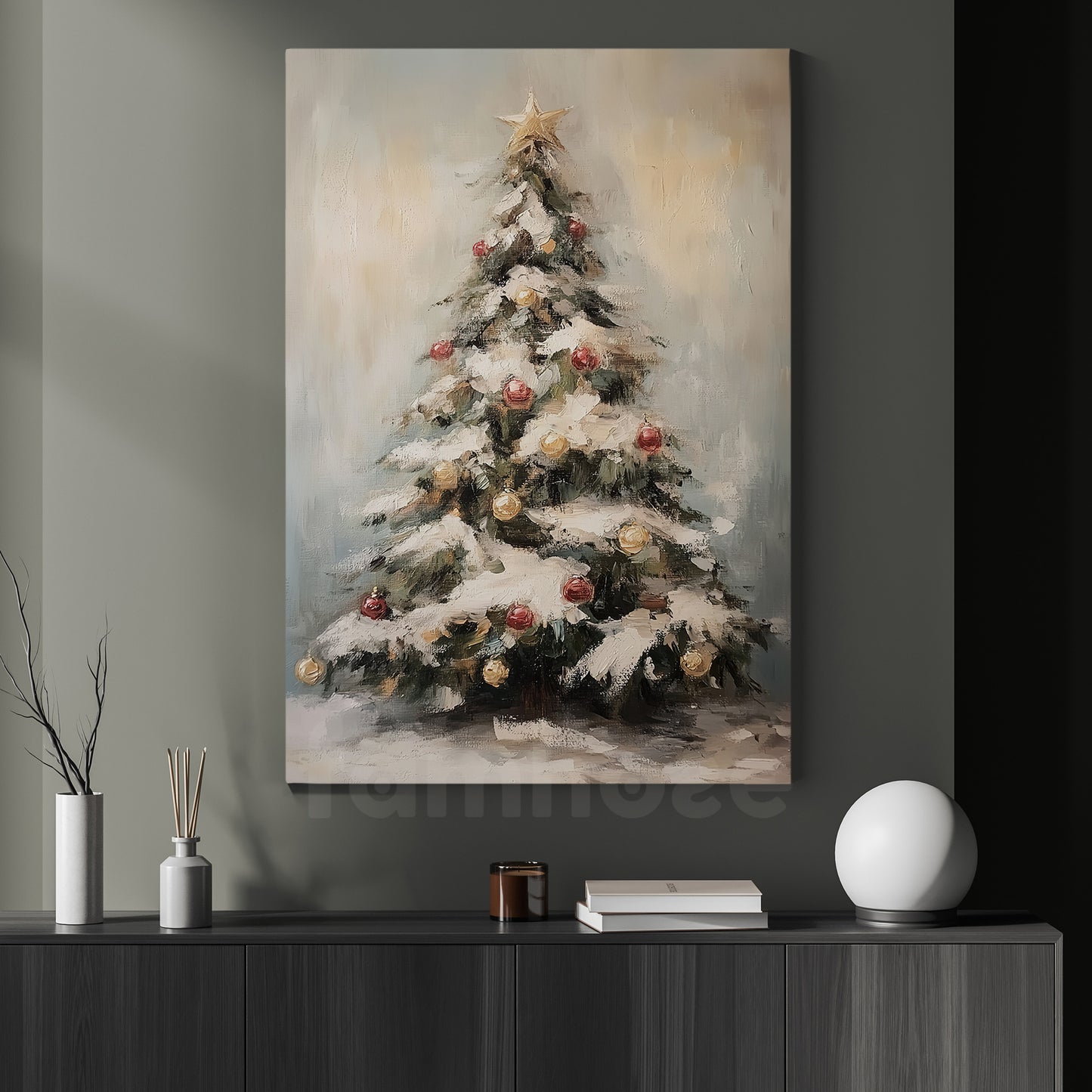 Vintage Christmas Canvas Painting, Frosted Yuletide Tree Winter Wall Art Decor, Xmas Poster Gift For Pine Tree Lovers