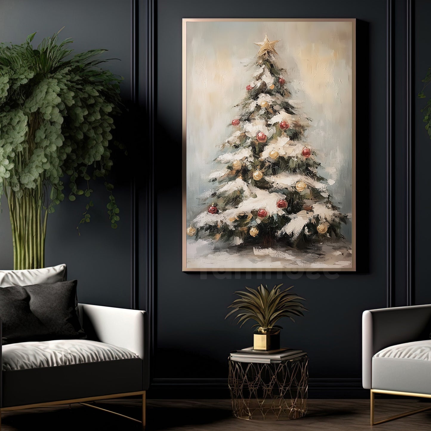 Vintage Christmas Canvas Painting, Frosted Yuletide Tree Winter Wall Art Decor, Xmas Poster Gift For Pine Tree Lovers