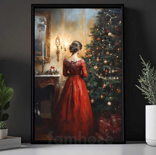 Cozy Christmas Canvas Painting, Girls In Red In Front Of Christmas Tree Winter Wall Art Decor, Xmas Poster Gift