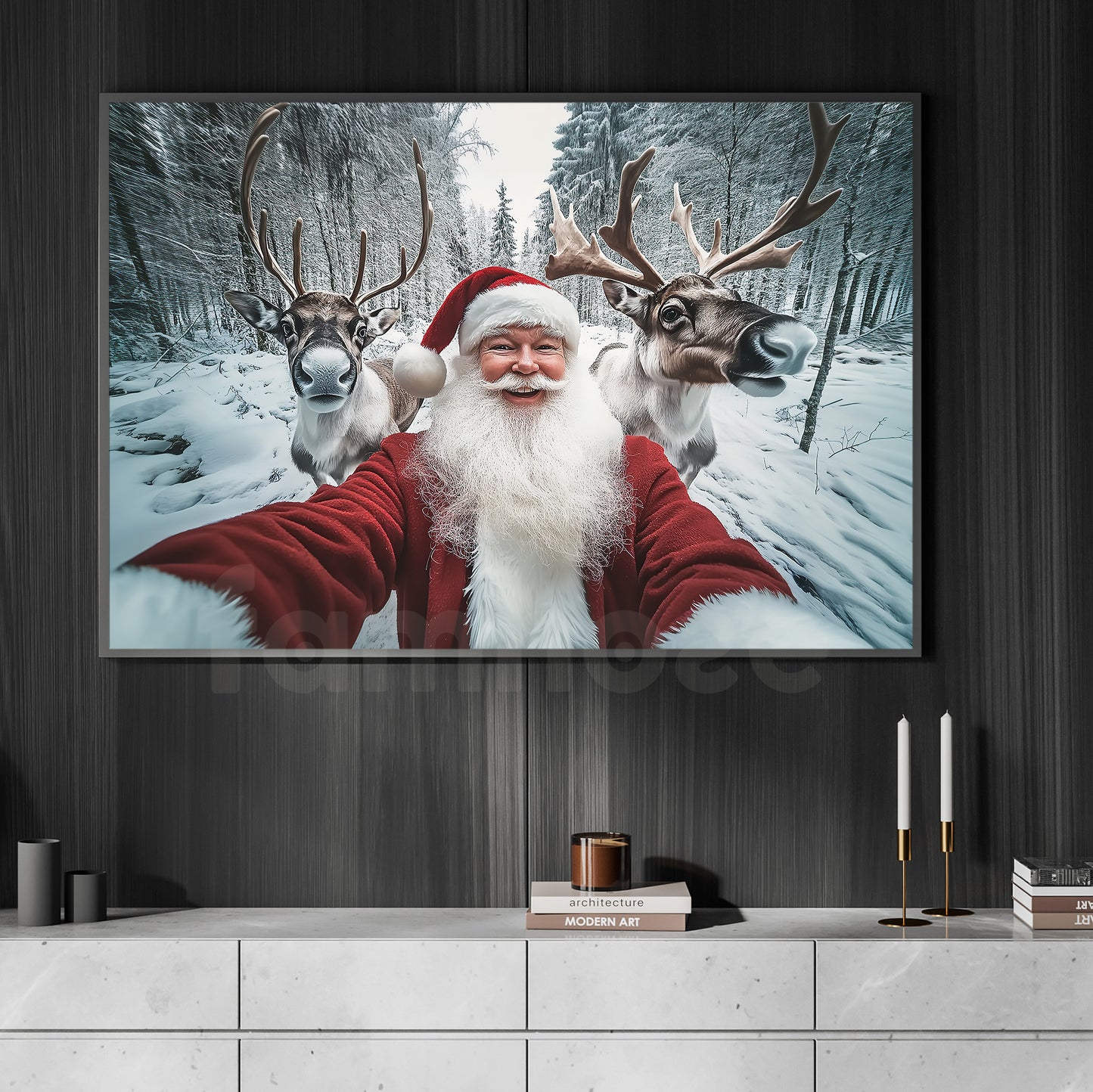 Funny Christmas Reindeer Canvas Painting, Santa Claus Selfie Wall Art Decor, Xmas Poster Gift For Reindeer Lovers