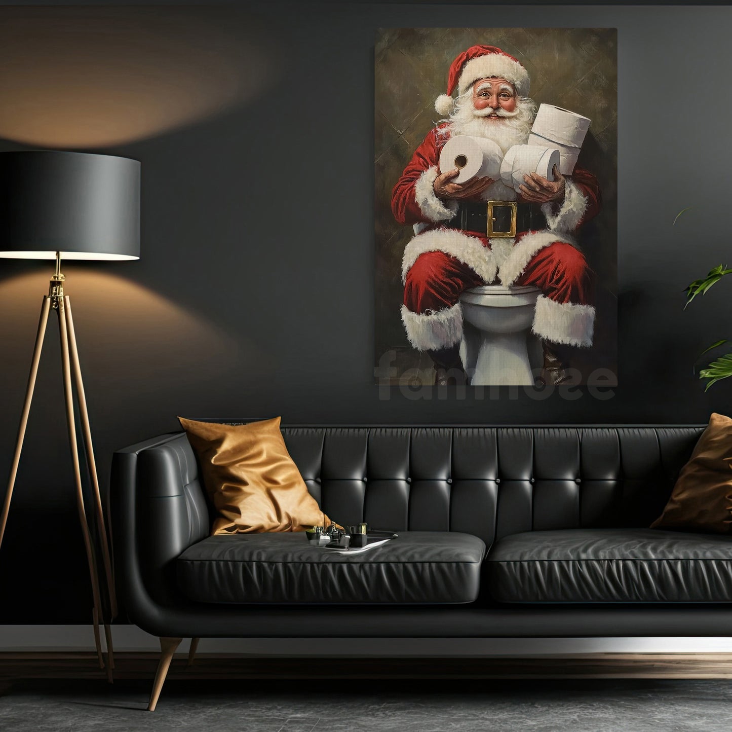 Funny Christmas Toilet Canvas Painting, Santa Claus In His Toilet Bathroom Wall Art Decor, Xmas Restroom Poster Gift