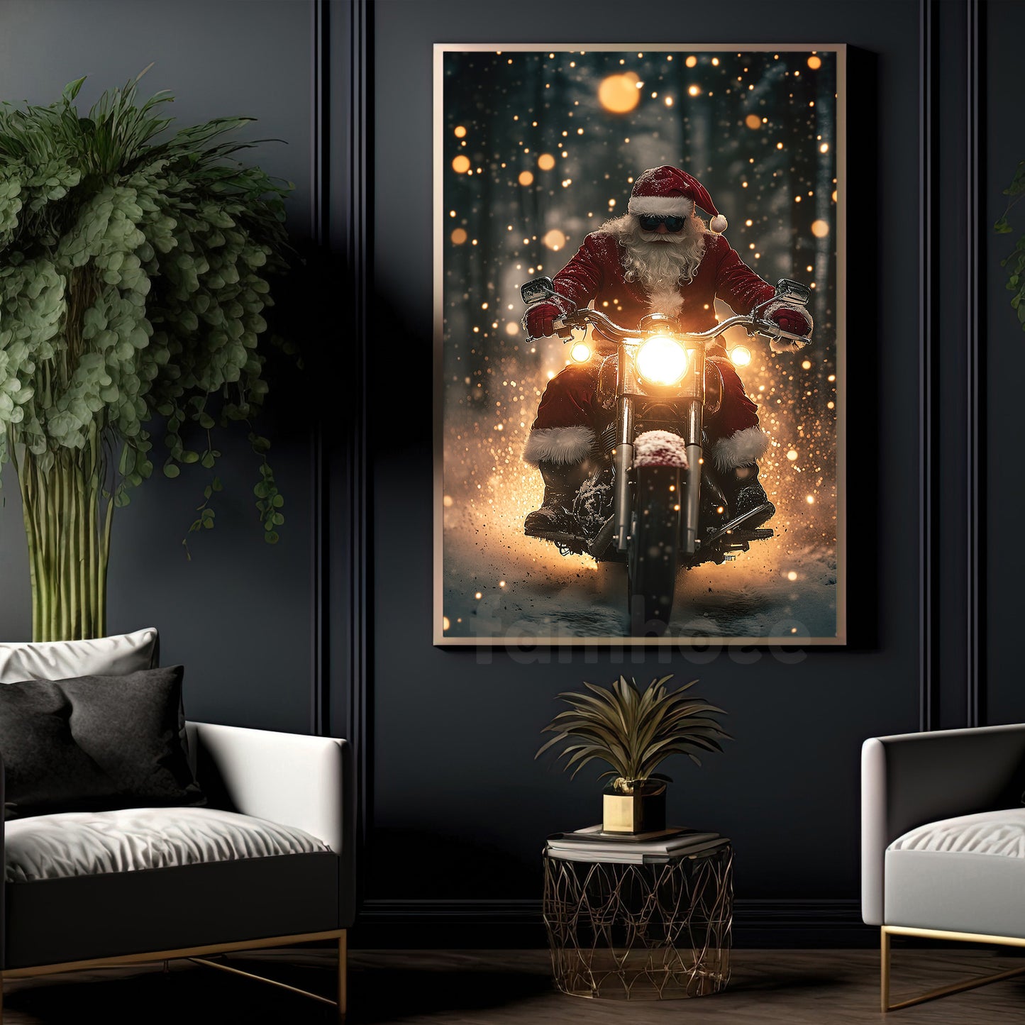 Funny Christmas Motorcycle Canvas Painting, Santa Claus Riding Motocross In Winter Wall Art Decor, Xmas Poster Gift For Motocross Lovers