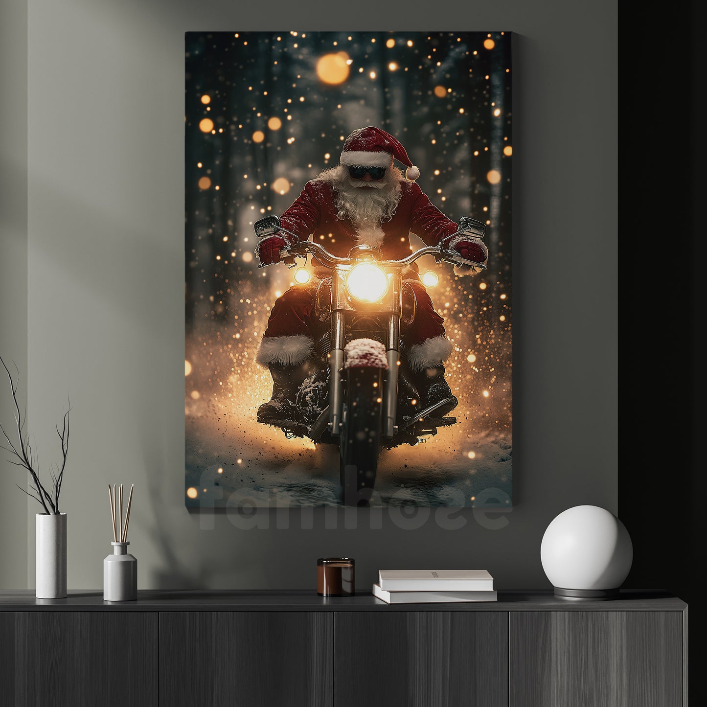 Funny Christmas Motorcycle Canvas Painting, Santa Claus Riding Motocross In Winter Wall Art Decor, Xmas Poster Gift For Motocross Lovers