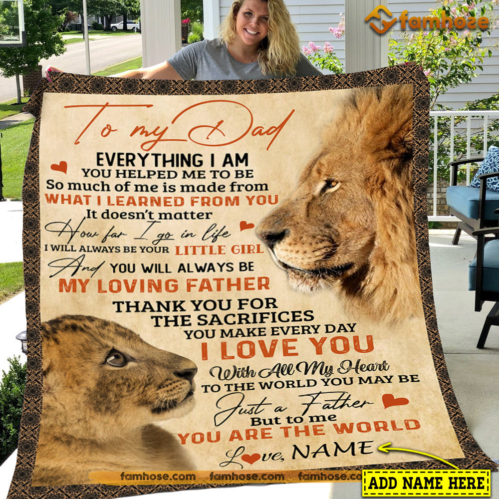 Personalized Lion Blanket, To My Dad I Love You With All My Heart Fleece Blanket - Sherpa Blanket Father's Day Gift For Dad From Daughter