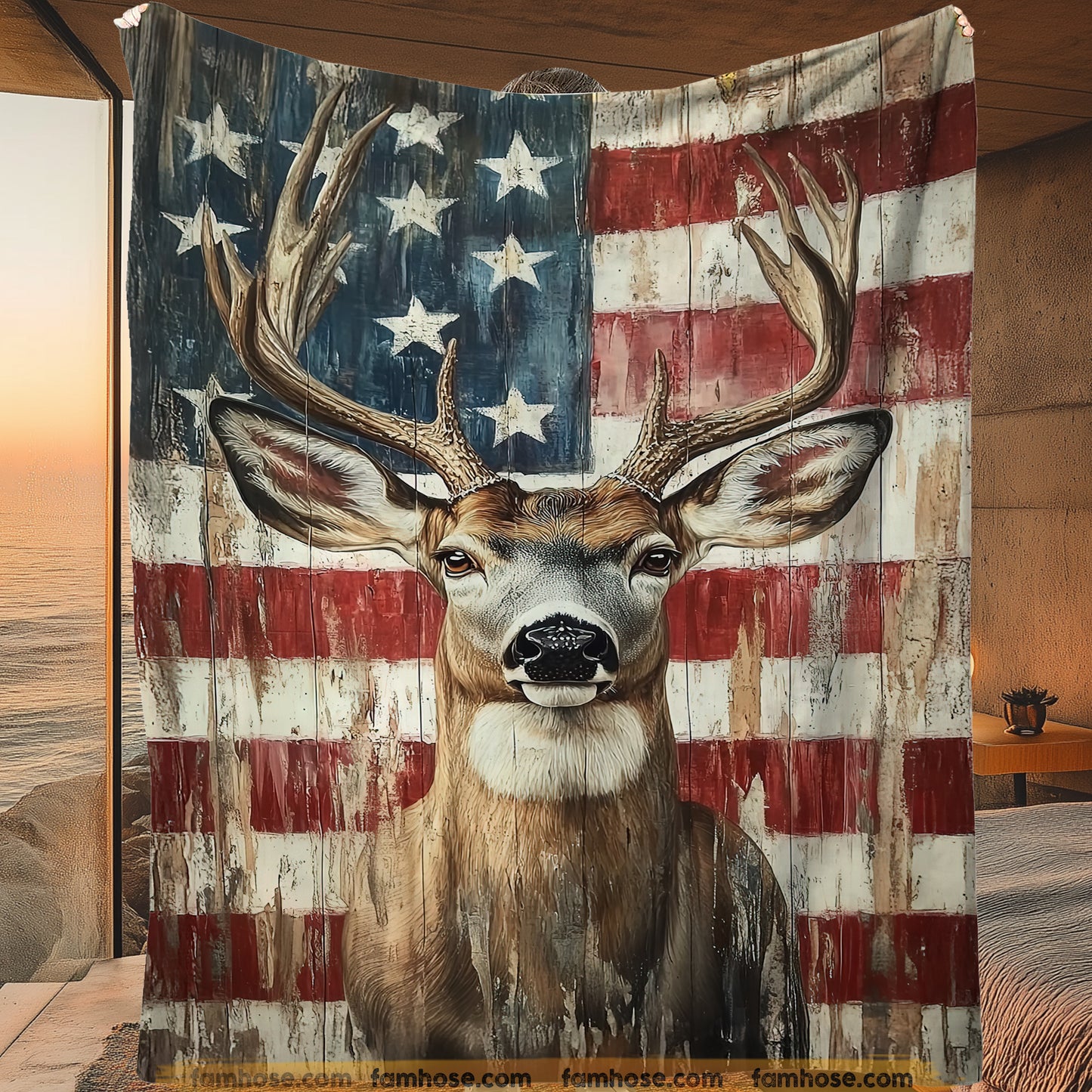 Deer Hunting Fleece Blanket, Patriotic Deer Hunting Woven Blanket, Cool Sherpa Blanket Gift For Deer Hunting Lovers