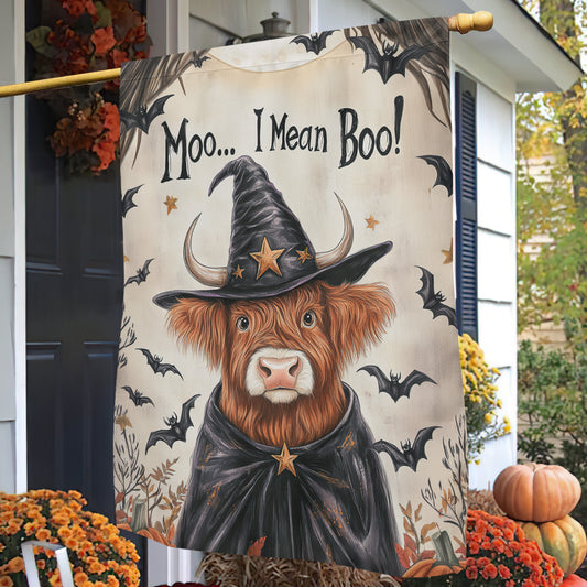 Funny Halloween Cow Witch Flag House Flag, Moo I Mean Boo Yard Flag Spooky Season Gift For Witch Lovers, Cow Lovers