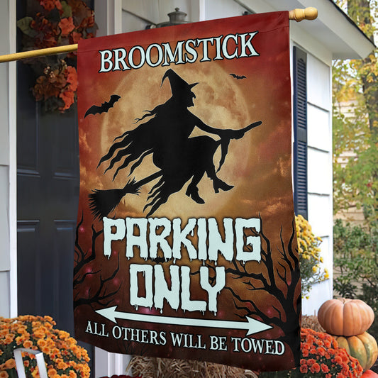 Funny Halloween Witch Flag House Flag, Broomstick Parking Only Yard Flag Spooky Season Gift For Witch Lovers