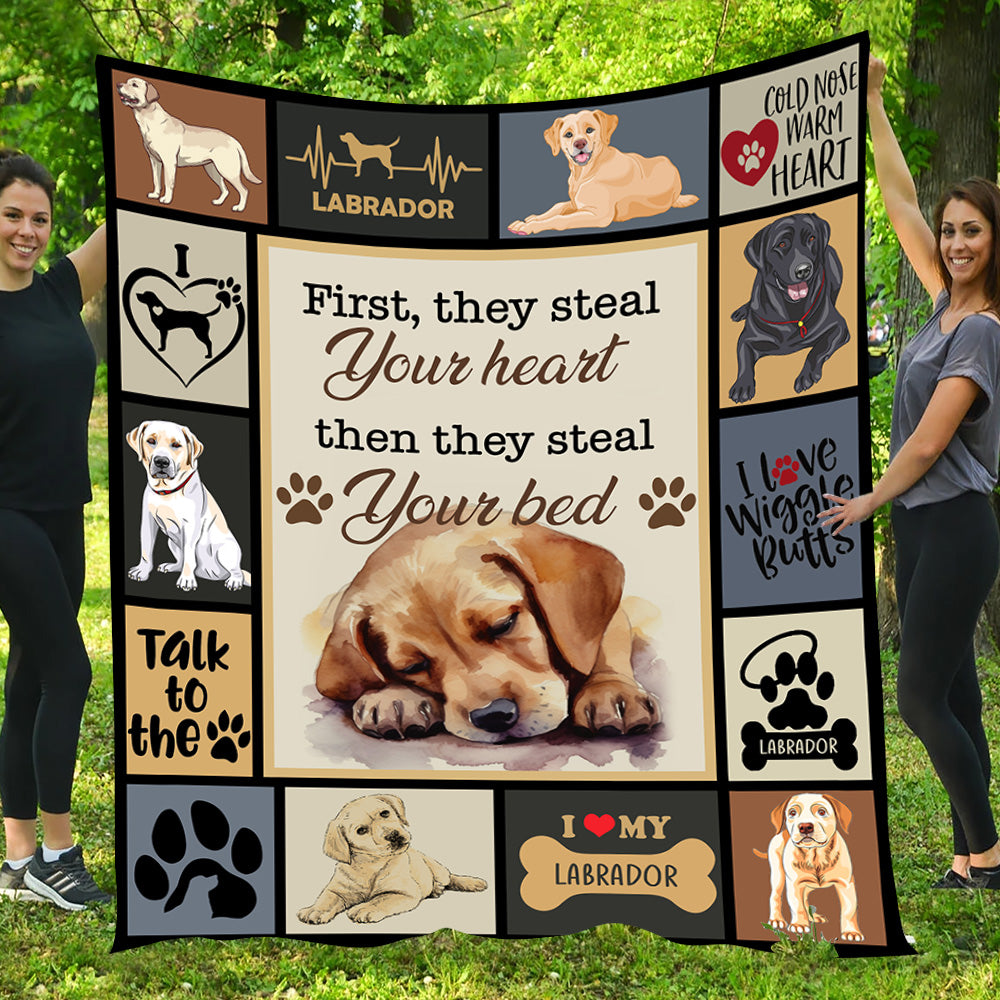 Funny Dog Blanket, Labrador First They Steal Your Heart Then They Steal Your Bed Fleece Blanket - Sherpa Blanket Gift For Dog Lovers, Dog Owners