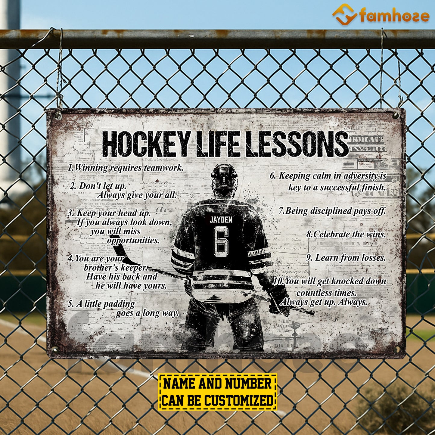 Personalized Hockey Man Metal Sign, Inspirational Hockey Life Lessons Sports Sign, Field Decor Gift For Hockey Lovers