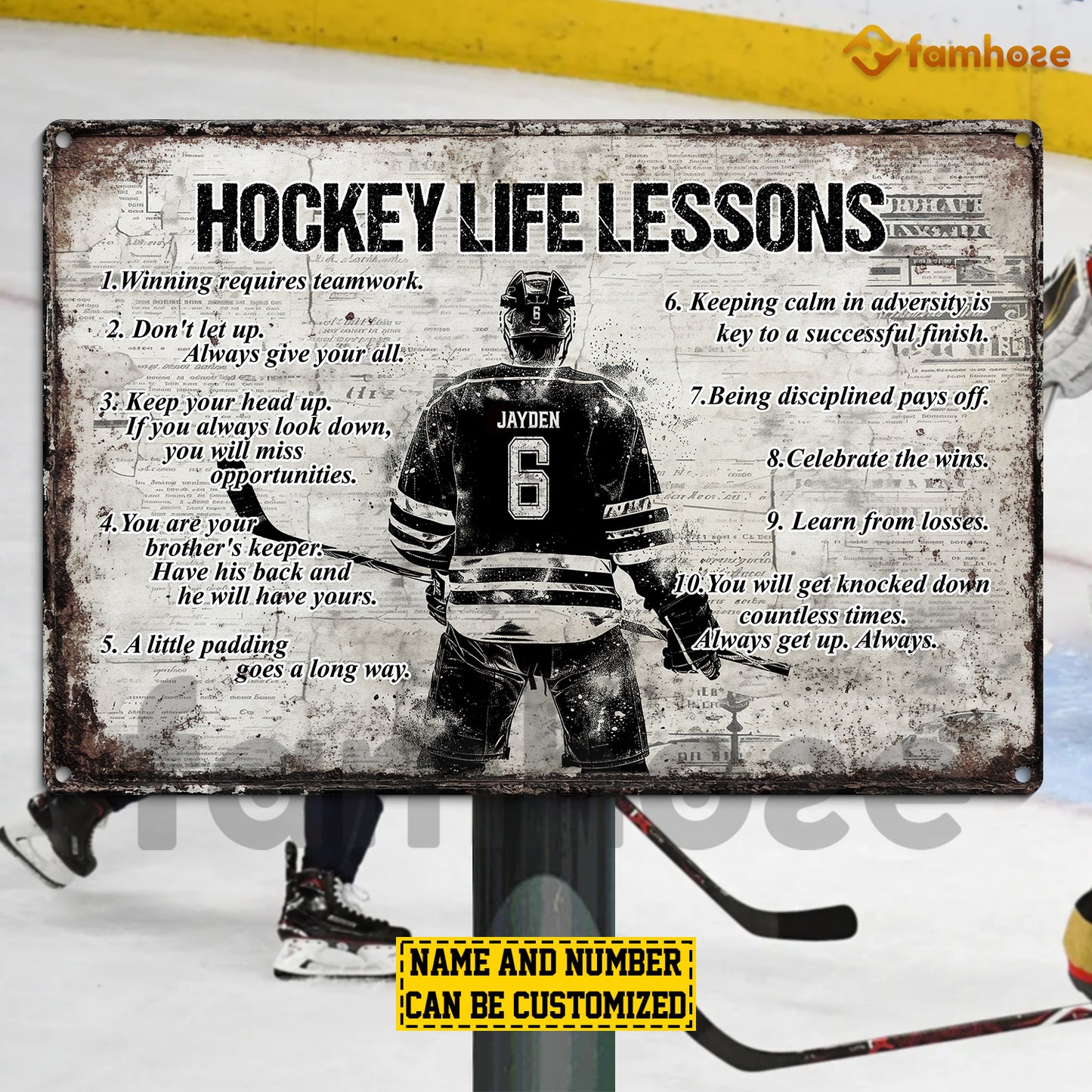 Personalized Hockey Man Metal Sign, Inspirational Hockey Life Lessons Sports Sign, Field Decor Gift For Hockey Lovers