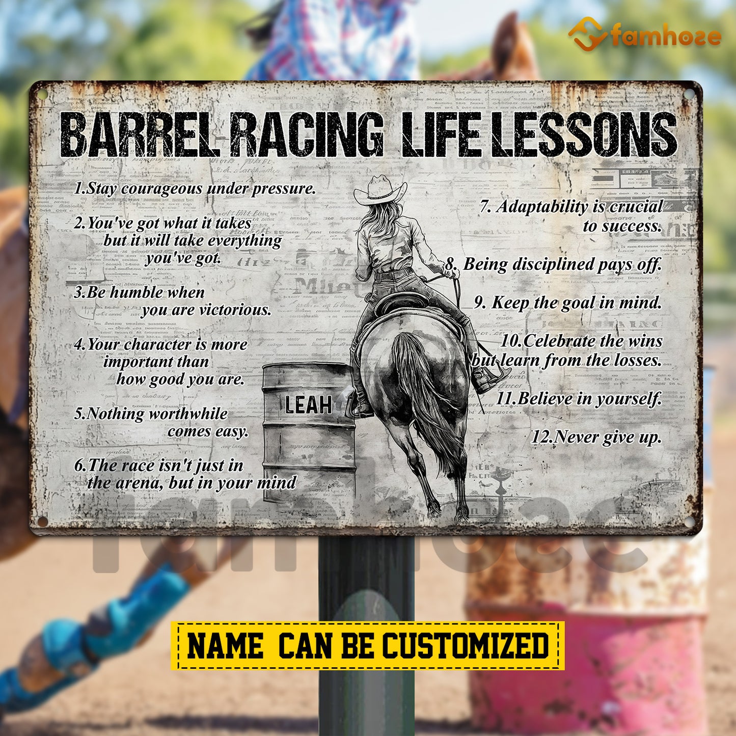Personalized Barrel Racing Woman Metal Sign, Inspirational Barrel Racing Life Lessons Sports Sign, Field Decor Gift For Barrel Racing Lovers
