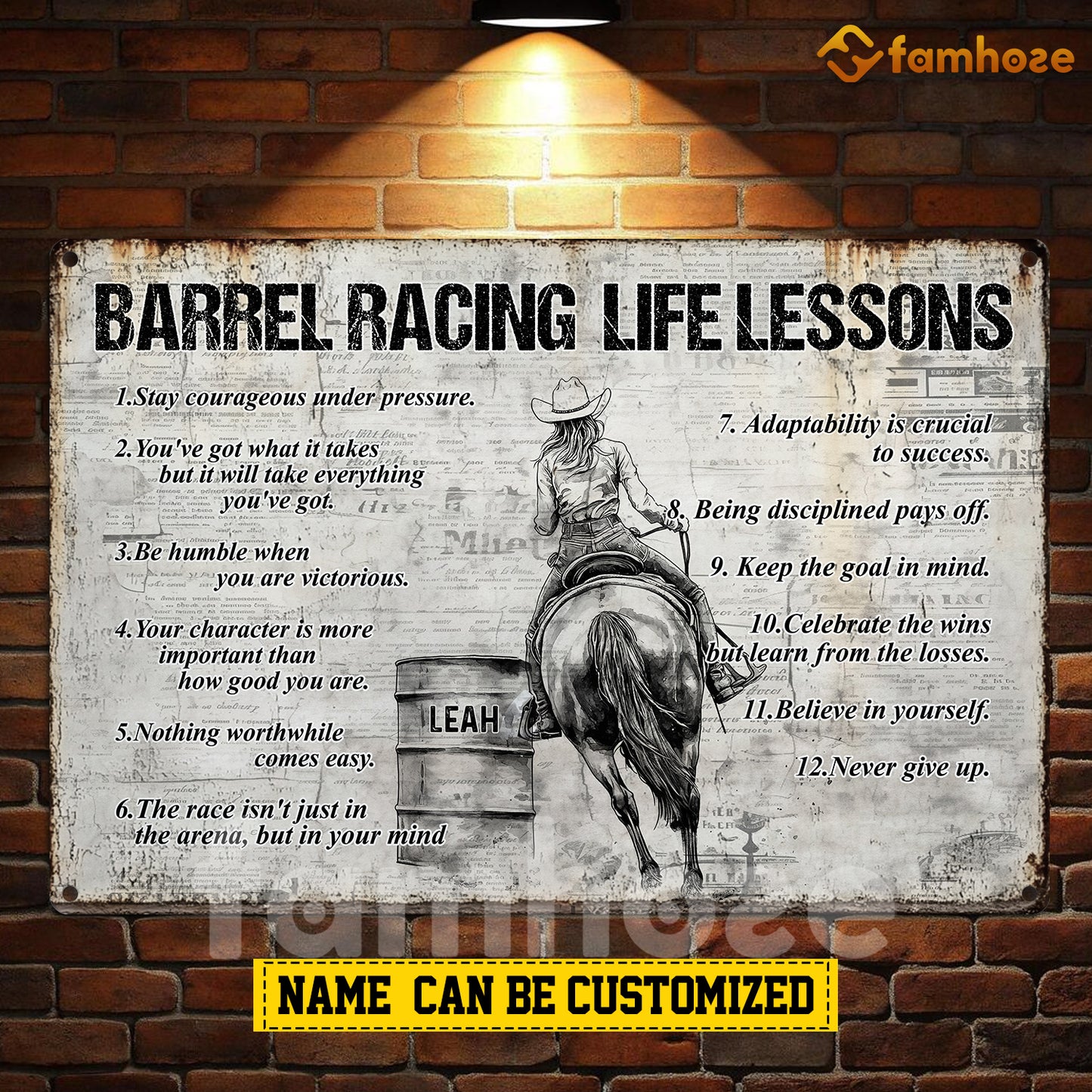 Personalized Barrel Racing Woman Metal Sign, Inspirational Barrel Racing Life Lessons Sports Sign, Field Decor Gift For Barrel Racing Lovers