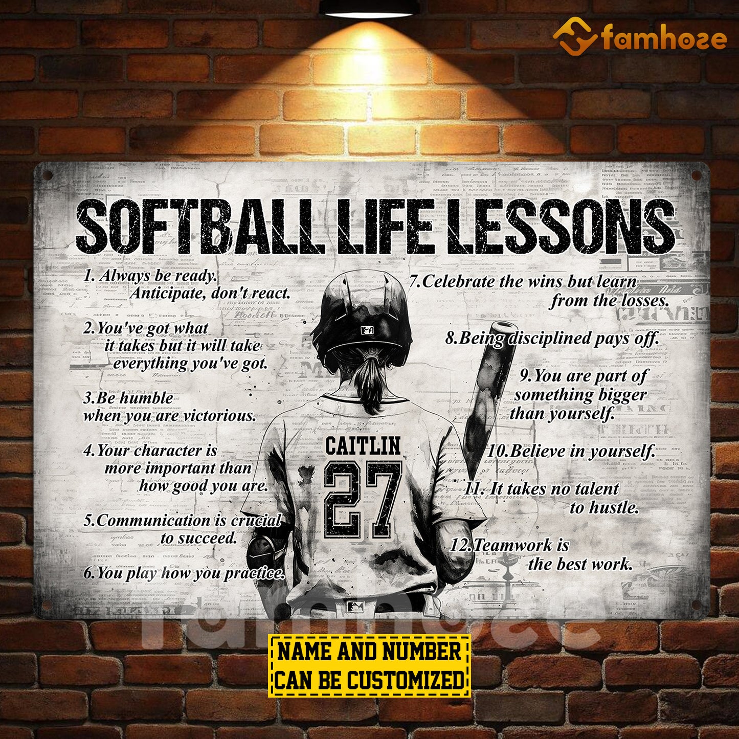 Personalized Softball Girl Metal Sign, Inspirational Softball Life Lessons Sports Sign, Field Decor Gift For Softball Lovers