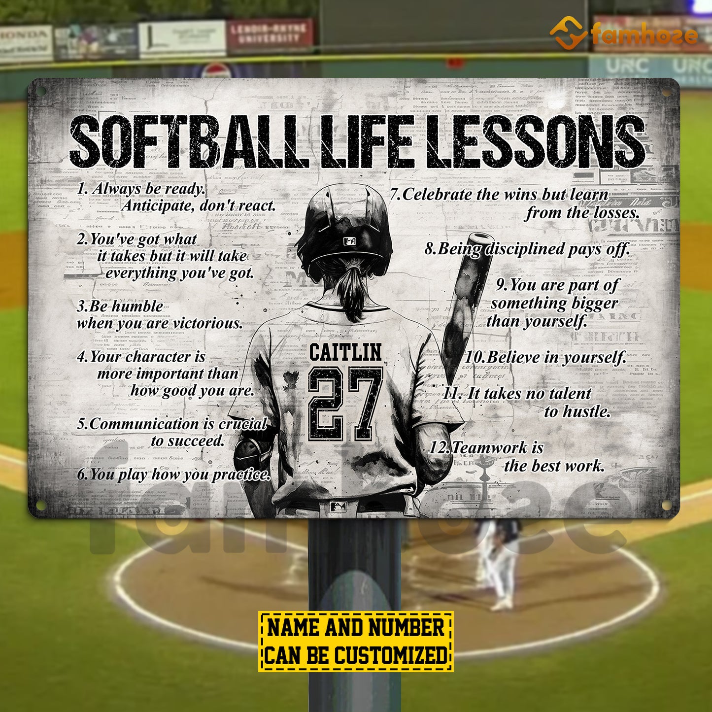Personalized Softball Girl Metal Sign, Inspirational Softball Life Lessons Sports Sign, Field Decor Gift For Softball Lovers