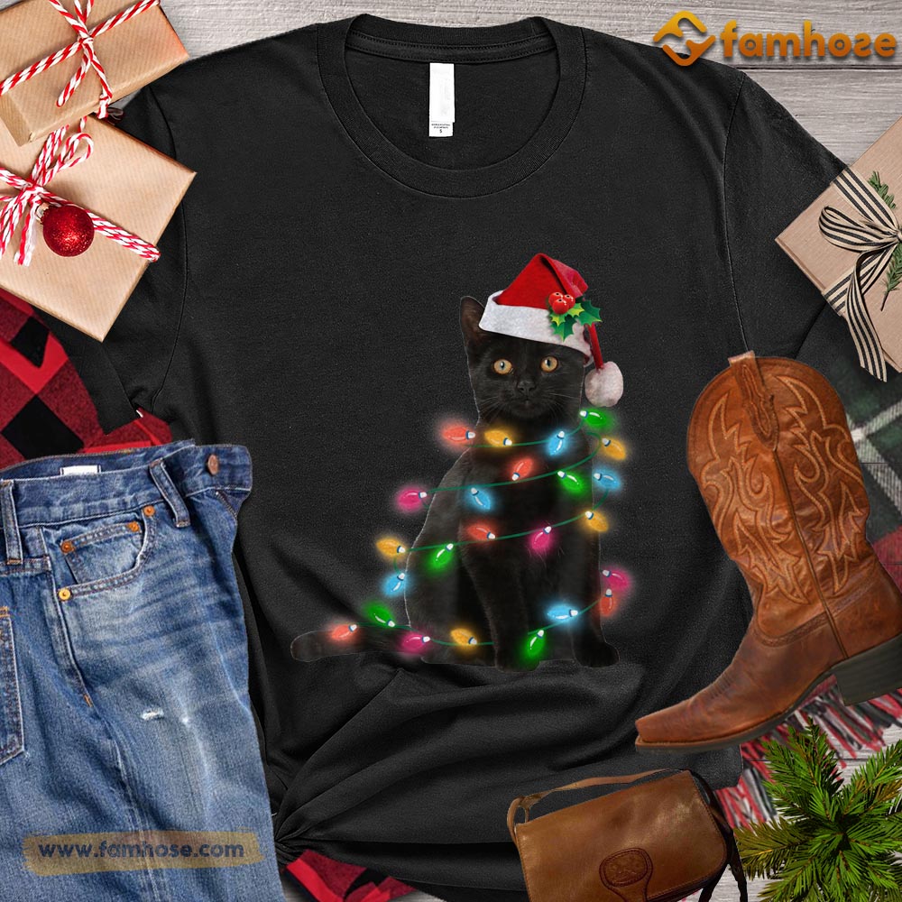Christmas Cat T-shirt, Cool Cat With Santa Hat String Lights Gift