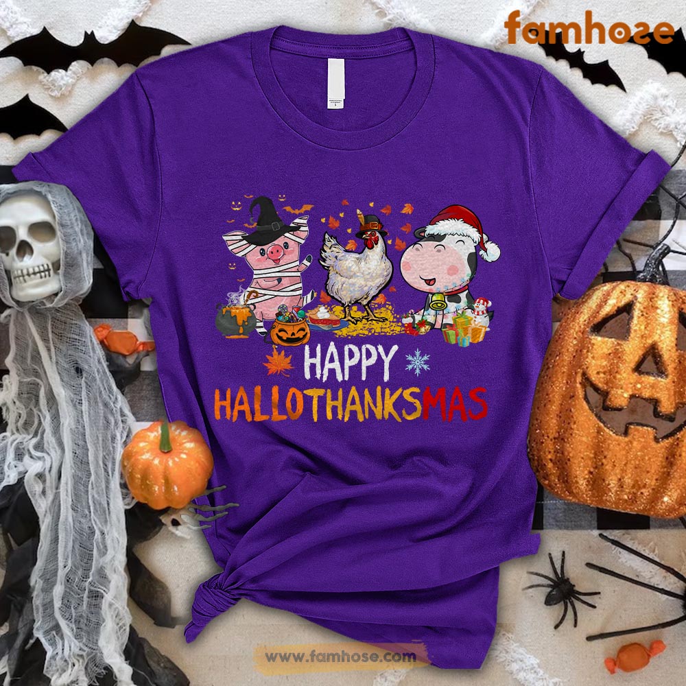 Halloween Farm T-shirt, Happy Hallothanksmas Christmas Thanksgiving Gift For Farmers, Farm Animals, Farmer Gifts