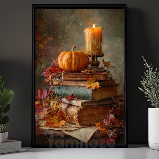 Halloween Pumpkin Book Canvas Painting, Autumn Tales Wall Art Decor, Spooky Season Poster Gift For Book Lovers, Pumpkin Lovers