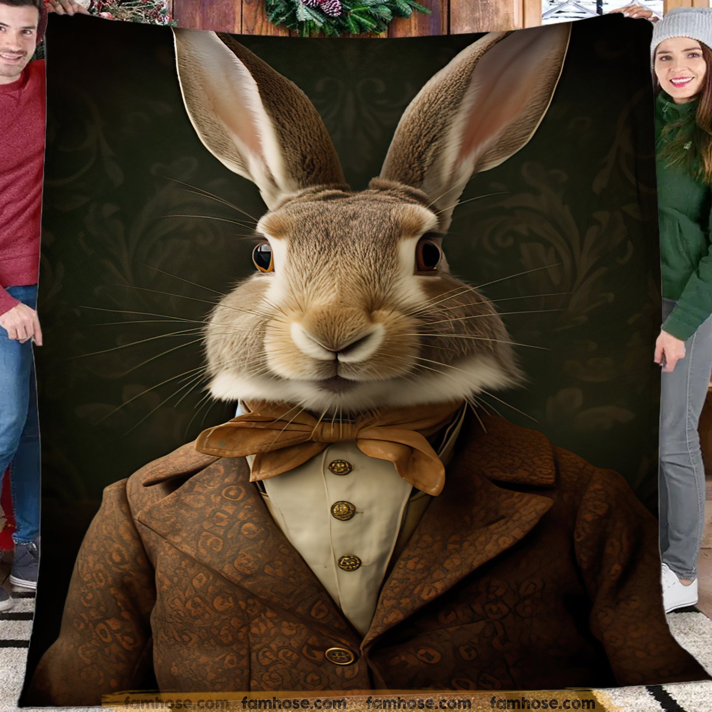 Victorian Rabbit Fleece Blanket - The Dapper Hare Sherpa Blanket, Woven Blanket Gift For Rabbit Lovers, Victorian Animal Lovers
