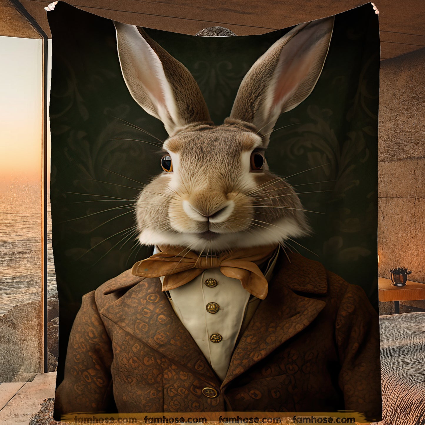 Victorian Rabbit Fleece Blanket - The Dapper Hare Sherpa Blanket, Woven Blanket Gift For Rabbit Lovers, Victorian Animal Lovers
