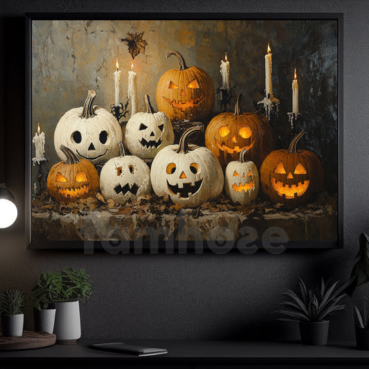 Vintage Halloween Pumpkin Canvas Painting, Glowing Pumpkin Faces Wall Art Decor, Spooky Season Poster Gift For Pumpkin Lovers