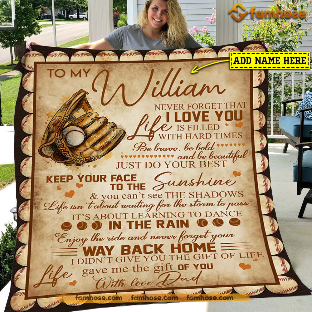 Personalized Baseball Blanket Gift For Son From Dad, To My Son Keep Your Face To The Sunshine Fleece Blanket - Sherpa Blanket Gift For Baseball Lovers, Father's Day Gift