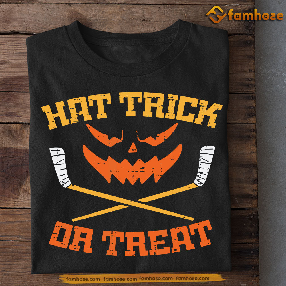 Funny Halloween Hockey T-shirt, Hat Trick Or Treat Scary Pumpkin