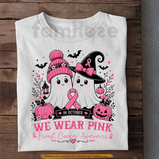 Pink Halloween & Breast Cancer Awareness T-shirt, In October We Wear Pink Ribbon Tees Gift For Ghost Lover