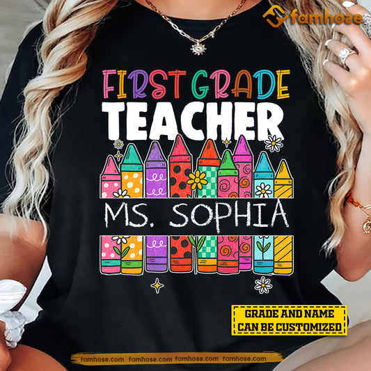 Personalized Teacher T-shirt, Colorful Crayon Teacher Tees Gift For Teacher Lovers