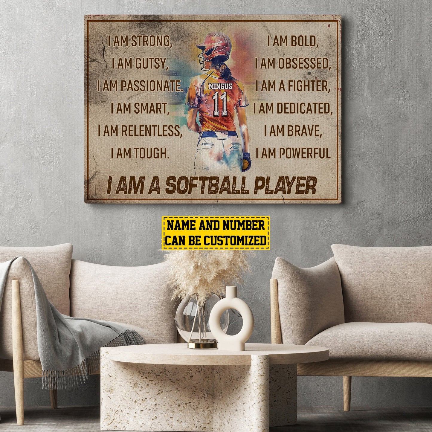 I Am A Softball Player, Personalized Motivational Softball Canvas Painting, Inspirational Quotes Wall Art Decor, Poster Gift For Softball Lovers