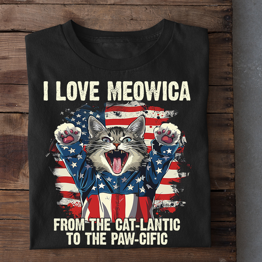 July 4th Cat T-shirt, Meowica With Hat, Independence Day Gift For Cat Lovers, Cat Owners, Cat Tees