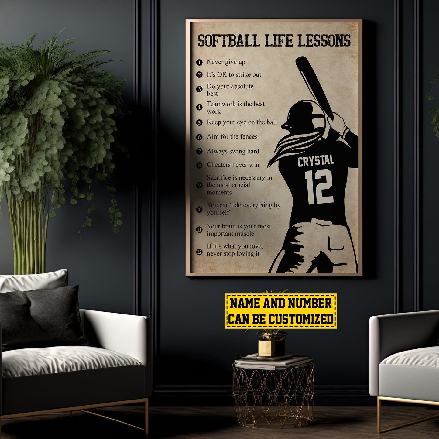 Never Give Up Softball Life Lessons, Personalized Motivational Softball Canvas Painting, Inspirational Quotes Wall Art Decor, Poster Gift For Softball Lovers