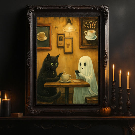 Vintage Halloween Cat Boo Coffee Canvas Painting, Spirited Coffee Break Wall Art Decor, Spooky Season Poster Gift For Cat Lovers, Ghost Lovers