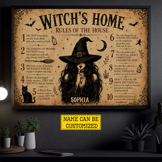 Personalized Halloween Witch Canvas Painting, Witch’s Home Rules Wall Art Decor, Spooky Season Poster Gift For Witch Lover