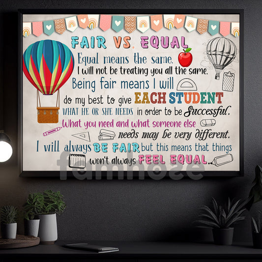 Vintage Inspirational Quote Classroom Canvas Painting, Fair Vs Equal Study Room Wall Art Decor, Poster Gift For Learning Space, Classroom