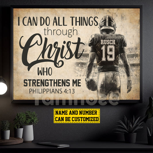 Vintage Personalized Football Canvas Painting, I Can Do All Things Cool Quotes Wall Art Decor, Poster Gift For Football Lovers