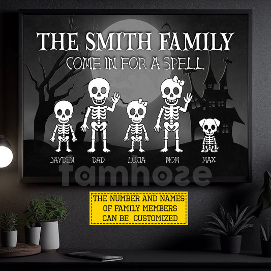 Personalized Halloween Family Skeleton Canvas Painting, Come In For A Spell Wall Art Decor, Spooky Season Poster Gift For Skeleton Lovers