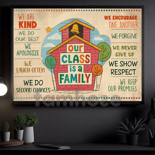 Funny Back To School Classroom Canvas Painting, Our Class Is A Family Study Room Wall Art Decor, Vintage Poster Gift For Learning Space, Classroom