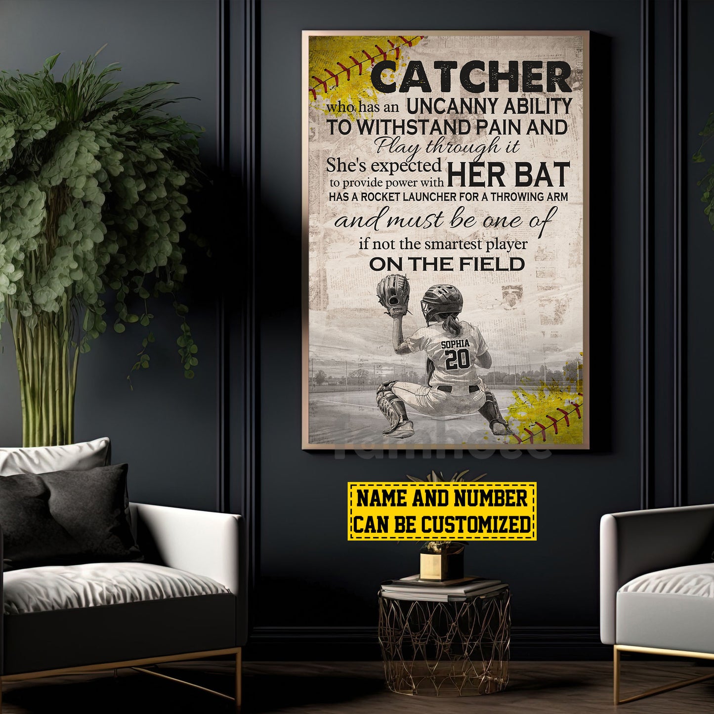 Personalized Motivational Softball Girl Canvas Painting, Catcher She's Expected To Provide Power With Her Bat, Sport Wall Art Decor, Poster Gift For Softball Lovers, Softball Players