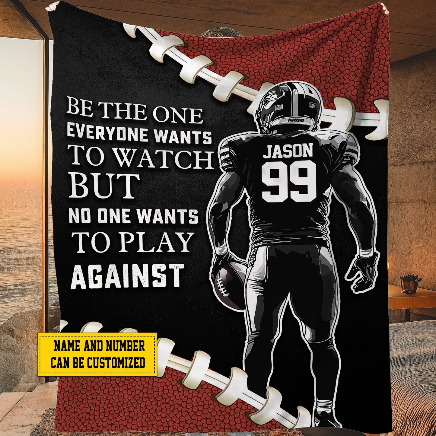 Personalized Motivational Football Boy Fleece Blanket, No One Wants To Play Against Sport Woven Blanket, Cool Sherpa Blanket Gift For Football Lovers