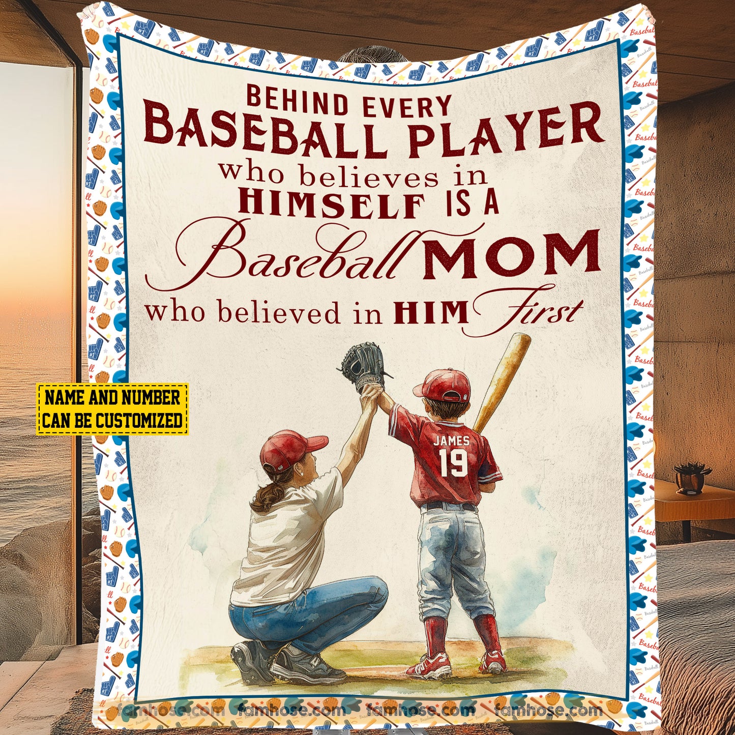 Personalized Baseball Mom Son Fleece Blanket, Behind Every Baseball Player Sport Woven Blanket, Cool Sherpa Blanket Gift For Baseball Lovers