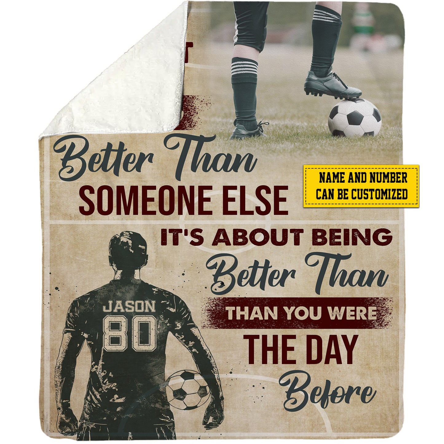 Personalized Soccer Boy Fleece Blanket, Not About Being Better Than Someone Else Woven Blanket, Cool Sherpa Blanket Gift For Soccer Lovers