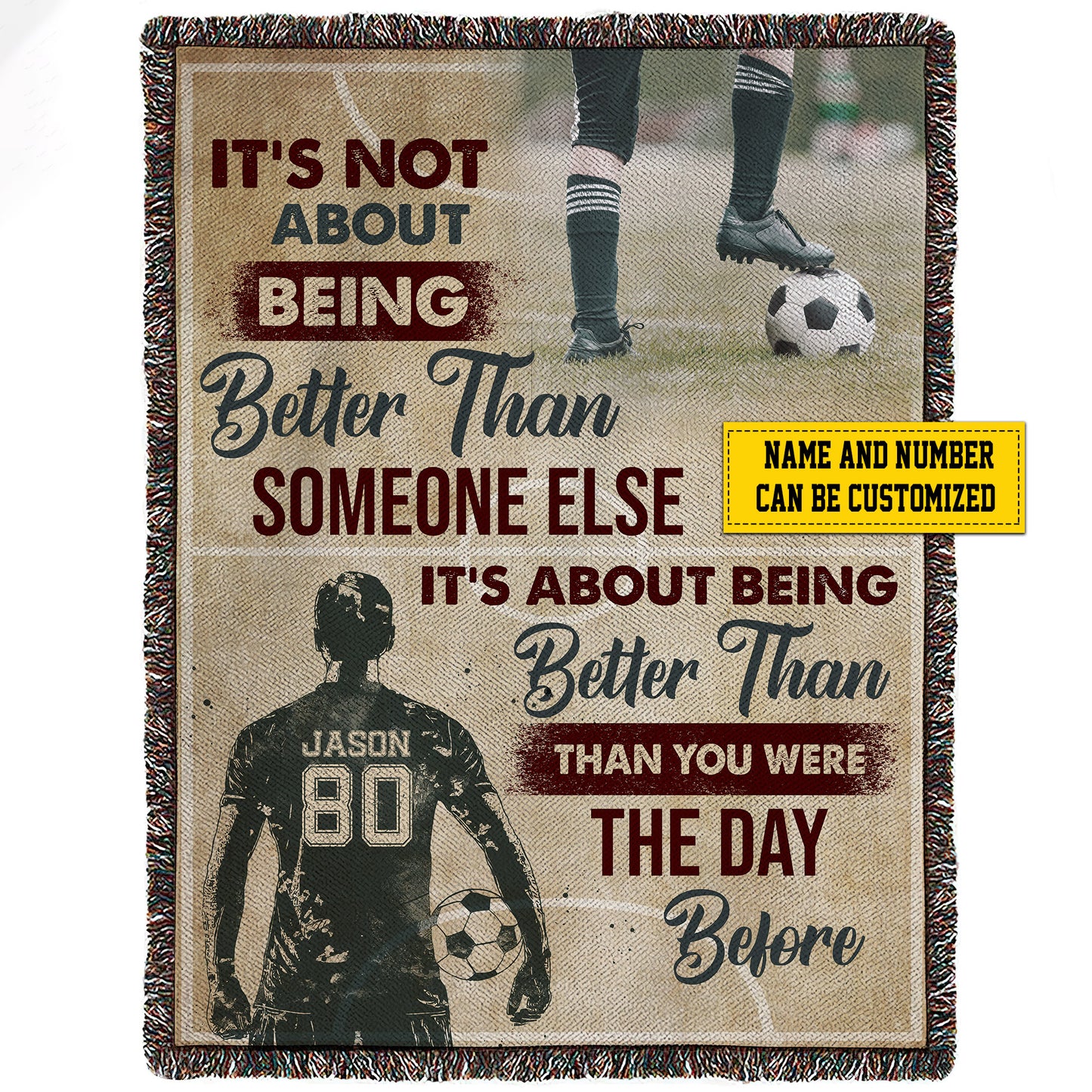 Personalized Soccer Boy Fleece Blanket, Not About Being Better Than Someone Else Woven Blanket, Cool Sherpa Blanket Gift For Soccer Lovers