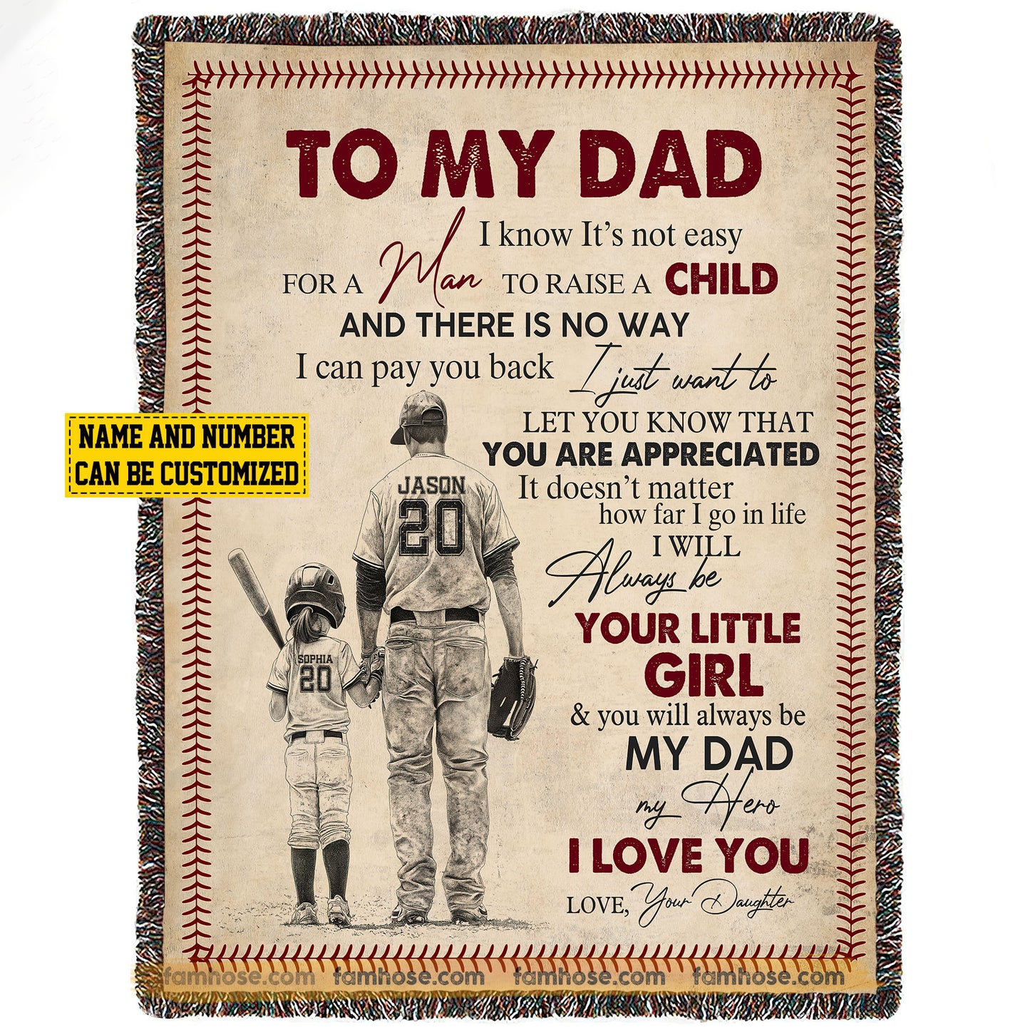 Personalized Softball Dad Daughter Fleece Blanket, To My Dad I Know It Not Easy To Raise A Child Sport Woven Blanket, Sherpa Blanket Father's Day Gift For Softball Lovers