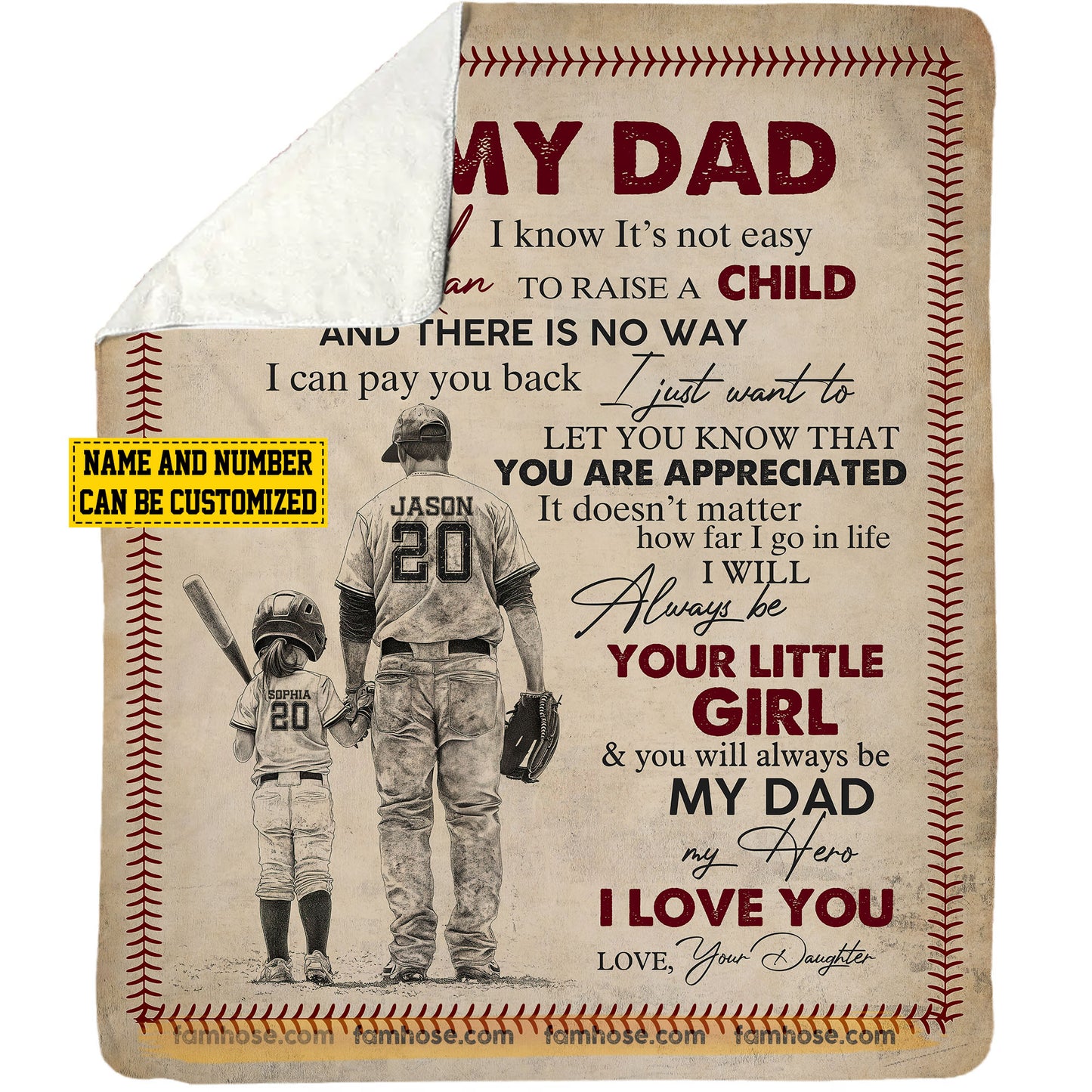 Personalized Softball Dad Daughter Fleece Blanket, To My Dad I Know It Not Easy To Raise A Child Sport Woven Blanket, Sherpa Blanket Father's Day Gift For Softball Lovers