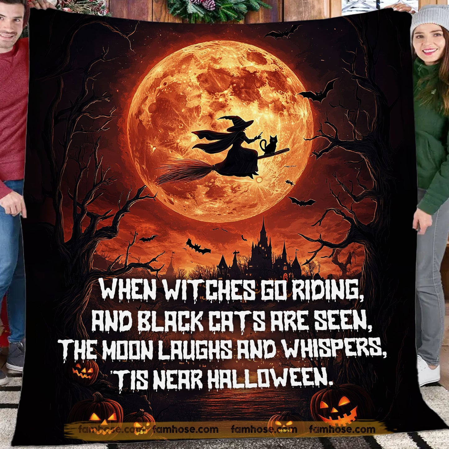 Halloween Witch & Black Cat Fleece Blanket, When Witches Go Riding Woven Blanket, Sherpa Blanket Spooky Season Gift For Witch Lovers