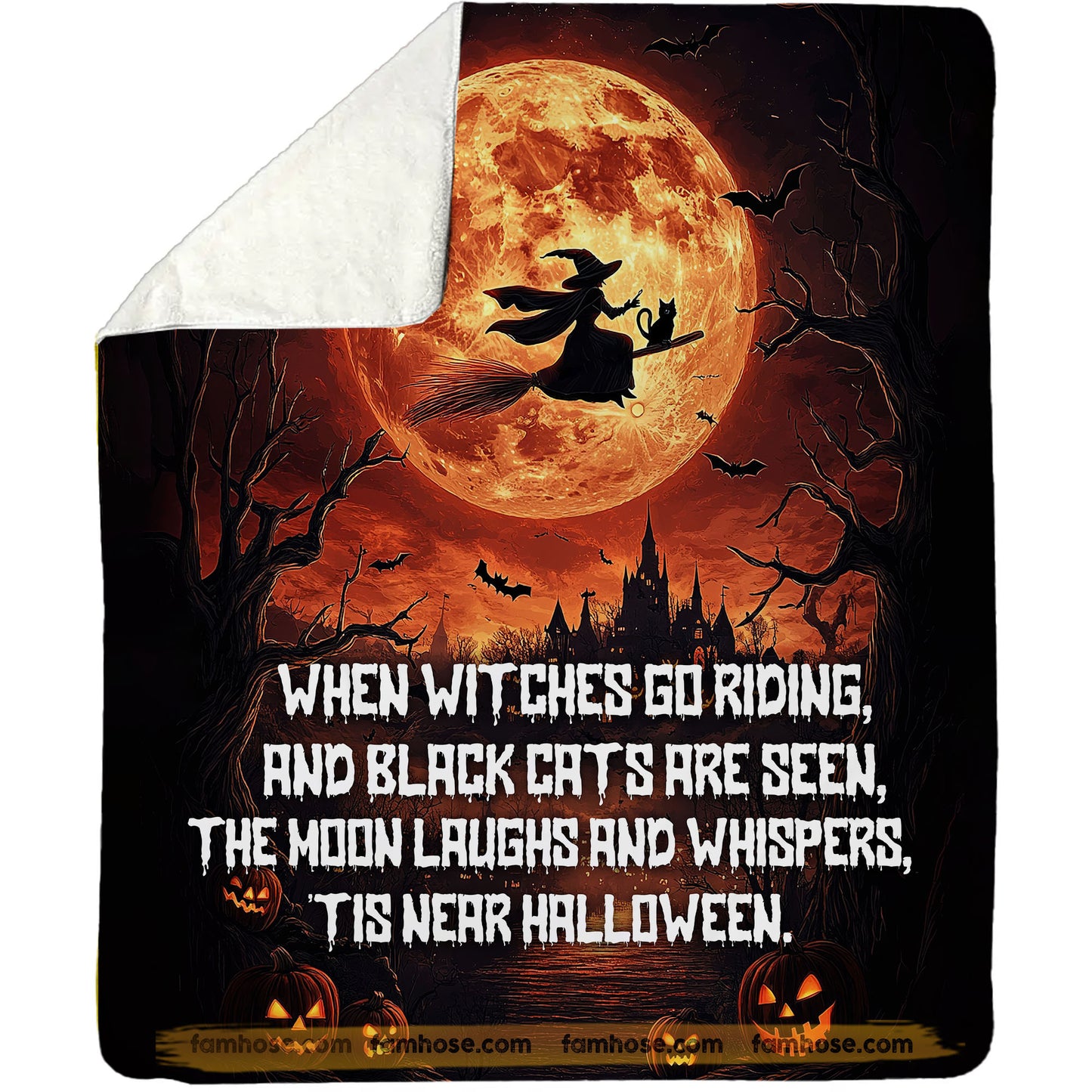 Halloween Witch & Black Cat Fleece Blanket, When Witches Go Riding Woven Blanket, Sherpa Blanket Spooky Season Gift For Witch Lovers